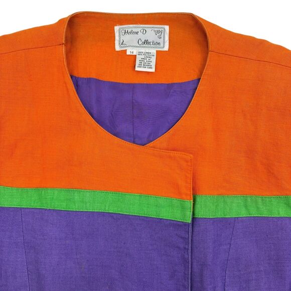 VTG Helene D Collection Linen Colorblock SS Jacket Jeweled Buttons FLAWS 14 - Picture 2 of 16